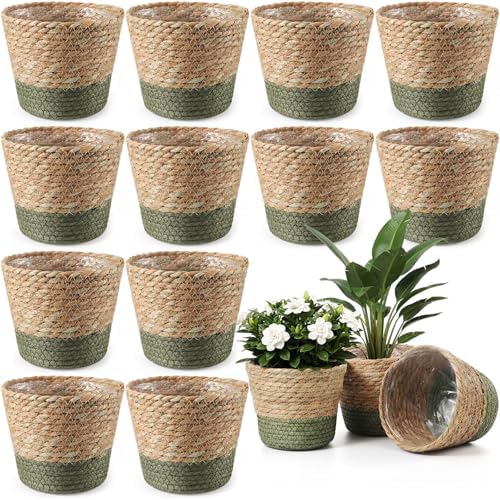 AceOrbit 12 Pcs Wicker Plant Basket Bulk with Liners Woven Planter Baskets Bulk for Indoor Outdoor Seagrass Plants Woven Wicker Baskets for Flower Pots Cover and Room Decor (Small,Farmhouse) by Unknown
