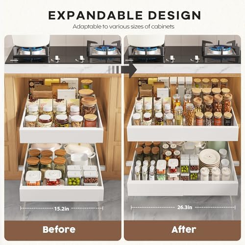 Seinloes 2 Pack Pull Out Cabinet Organizers 21" Deep With Raising Pad for Framed Cabinets, Expandable Width (15.2"-26.3") Slide Out Drawers Upgrade 3 Slide Rails, Roll Out Shelves Adhesive, White - Image 3