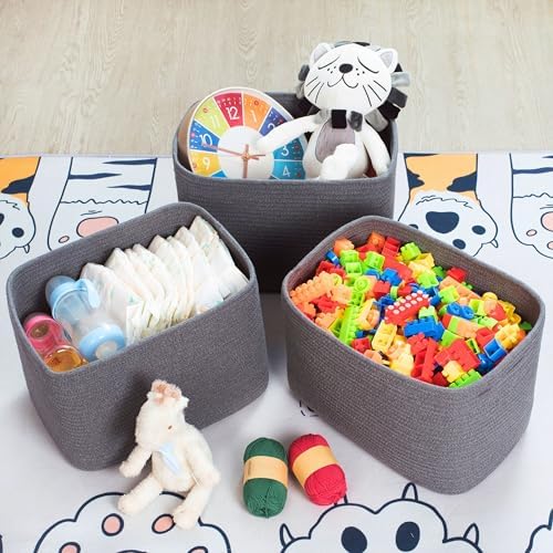 MINTWOOD Design 3-Pack Decorative Woven Storage Baskets for Shelves, Cube Bin Box for Organizing Books, Shoes, Dog Toys, Pantry Closet and Living Room Organizer, Charcoal Gray - Image 5