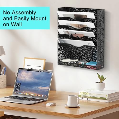 EasyPAG Desk File Organizer Heavy Duty Metal Wall Mount File Holder 5 Tier Mail Paper Folder Holder with Bottom Tray for Office Home Cubicle Countertop, Black - Image 4