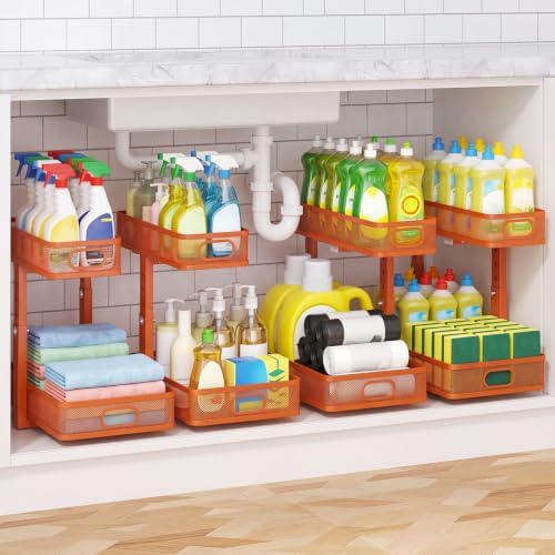 Under Sink Organizer 4-Pack, Metal 2-Tier Pull-Out Cabinet Shelf with Slide-Out Mesh Drawers, Height Adjustable, Space-Saving Under Sink Storage Racks for Kitchen, Bathroom, Laundry Room, Orange by AURIKAR