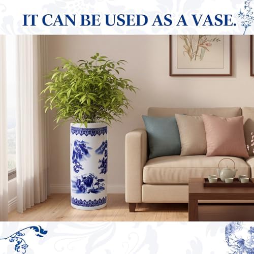 Sawysine Blue and White Ceramic Umbrella Stand, Floral Design Floor Vase for Entryway Indoor Decorative, 19.7" Heavy Porcelain Holder for Umbrellas Canes Home Decor(19.7 Inch,Landscape) - Image 4