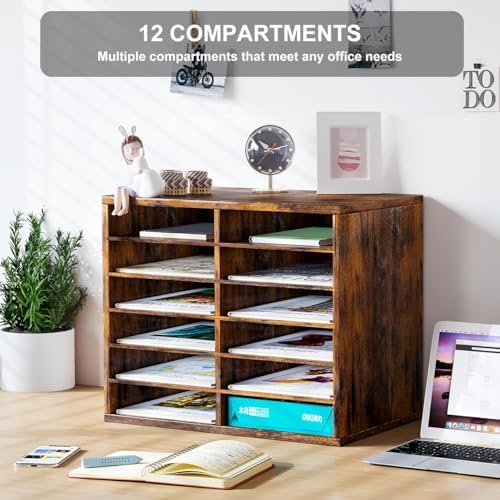 PAG-Mass Countertop Mail Sorter Organizer, Wooden Literature Organizer, Student Mailbox for Classroom, Desktop Bill Organizer for Office Home School, 12 Compartments, Antique Brown - Image 4