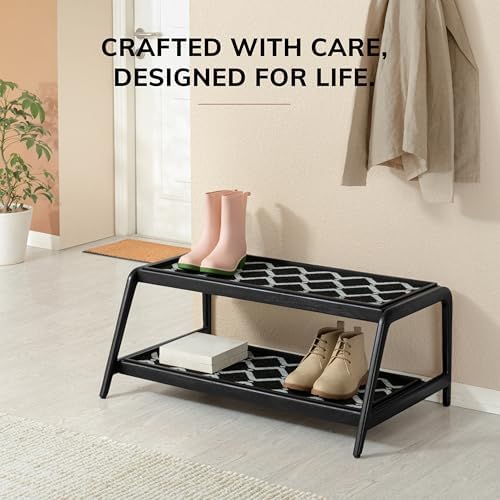 Anji Mountain Heavy Duty Waterproof Wooden Shoe Storage Mat Organizer/Boot Storage Tray Multi Use for Entryway with Coir, Black and Ivory Diamond Insert, 2 Tier, Fits 6 Pair (36.5" Wide) - Image 5