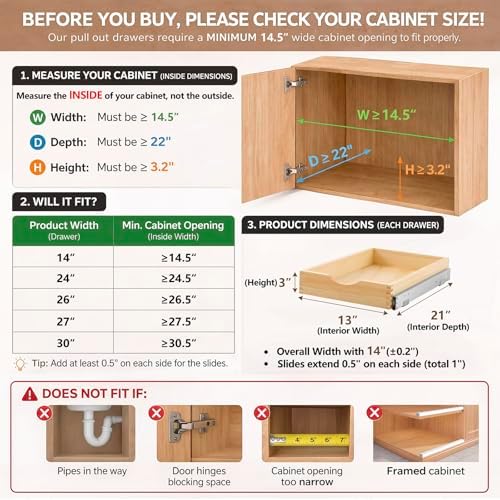Menkxi 2 Set Wooden Pull out Cabinet Organizer Fully Assembled Slide out Pantry Drawer with Gentle Close Storage Shelf Tray for Base Kitchen Under Sink Bathroom (Wood Color,14'' X 21'' X 3'') - Image 2