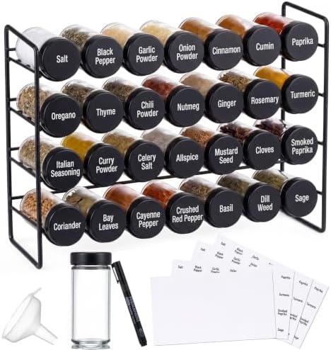 FoldTier Spice Rack Organizer with 28 Spice Glass Jars, 56 Labels, Funnel and Marker Set, Complete Countertop Seasoning Rack Organization for Cabinet, Kitchen Storage, Pantry, Cupboard(Black) - Image 2