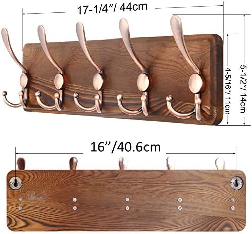 SKOLOO Coat Rack Wall Mounted - Pack of 2, Wooden, Heavy Duty, Rustic Coat Hooks for Wall, Wall Coat Rack with 5 Triple Hooks for Hanging Clothes, Jacket, Hat(Brown & Retro Red) - Image 2