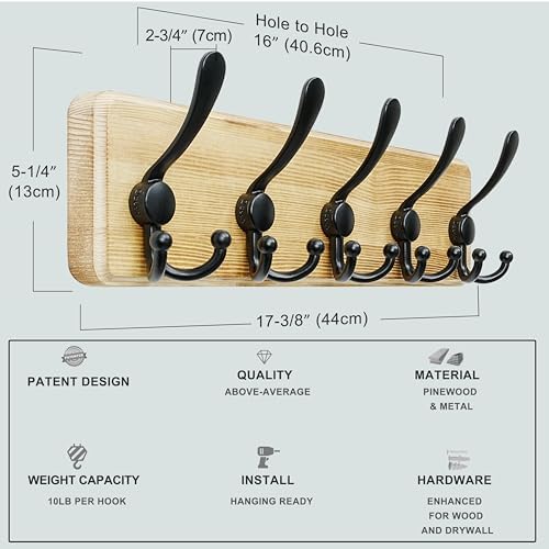 Dseap Coat Rack Wall Mount - Heavy-Duty Robust Rustic Wooden Wall Coat Hanger Hook Rail with 5 Triple Hooks for Winter Jacket & Hat Clothing, Light Brown & Black - Image 6
