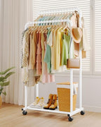 Sakugi Double Rod Clothes Rack Mesh Shelf & Hooks, 28.7x16.5x59.1, White - Image 3