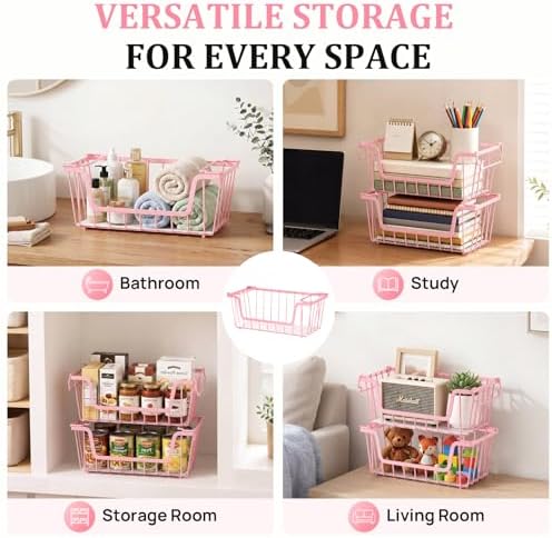 SUNALLY Stackable Storage Bins 6 Pcs Wire Baskets Freezer Organizer, Pink - Image 7
