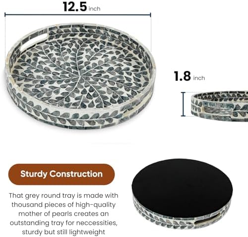 Serving Tray 12.5 Inch, Lacquer Mother of Pearl Inlay Mosaic Tray, Round Wooden Marble Tray with Handles Trays for Tea, Breakfast (Black Leaf) - Image 2