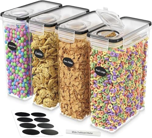 DWËLLZA KITCHEN Cereal Containers Storage 4L Set of 4 Airtight Food Storage Containers with Lids Cereal Dispenser Countertop Pantry Organization Canister for Rice Flour & Sugar 1 Marker 8 Labels by DW%C3%8BLLZAKITCHEN