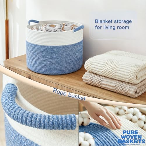 Artfeel 100L Large Cotton Rope Basket, Decorative Woven Blanket Storage for Living Room, Boho Toy Storage & Toy Box for Kids, Versatile Laundry Basket & Nursery Hamper for Blankets(DenimBlue) - Image 5