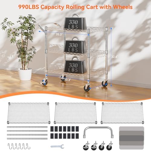 NTE 3 Tier Heavy Duty Rolling Utility Cart on Wheels, 990Lbs Capacity Rolling Wire Cart, Kitchen Carts on Wheels, NSF Commercial Metal Serving Cart with Handle and Shelf Liners for Kitchen, Restaurant - Image 3