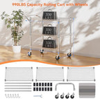 NTE 3 Tier Heavy Duty Rolling Utility Cart on Wheels, 990Lbs Capacity Rolling Wire Cart, Kitchen Carts on Wheels, NSF Commercial Metal Serving Cart with Handle and Shelf Liners for Kitchen, Restaurant - Image 3