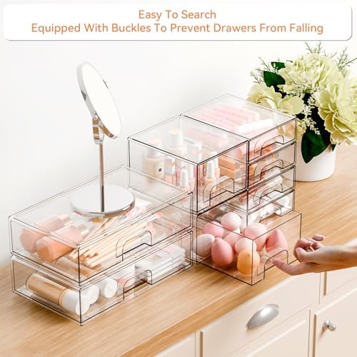 Yieach 8 Pack Clear Stackable Storage Drawers,Acrylic Drawer Organizer for Medicine,Palettes,Hair Accessories and Makeup Organizer,Plastic Drawers for Cabinet,Office,Desk,Bathroom Storage Containers - Image 4