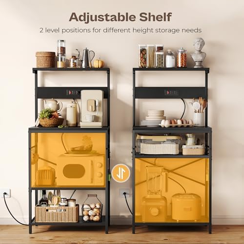 SUPERJARE Kitchen Bakers Rack with Power Outlet, Coffee Bar Table 4 Tiers, Kitchen Microwave Stand with 6 S-shaped Hooks, Storage Shelf Rack for Spices, Pots and Pans - Black - Image 4