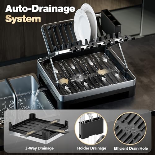 Urakify Large Stainless Dish Drying Rack for Kitchen Counter, Black - Image 5