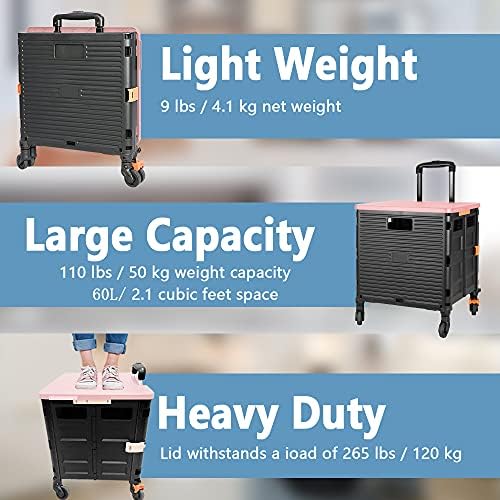 FELICON SELORSS Foldable Utility Cart Folding Portable Rolling Crate-Pink - Image 3