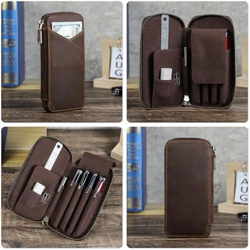 Top Grain Genuine Leather 4 Fountain Pen/Pencil Case Pouch, Handmade Minimalist Design, Zipper Closure with Multi-Function & Slots, Gift Choice for Man/Woman/Office, Matte Grey, 4 Slots - Image 3