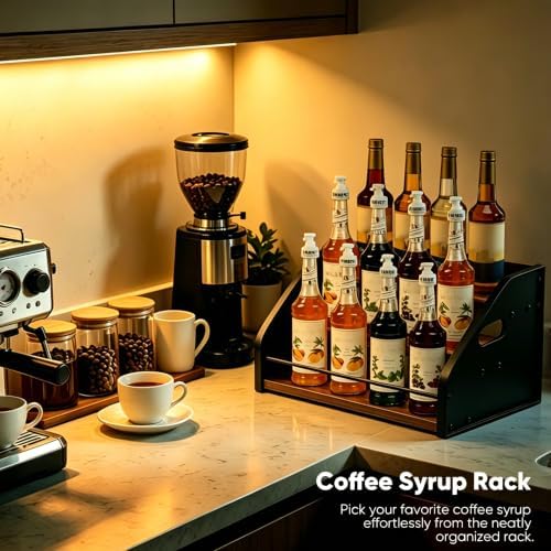 3-Tier Coffee Syrup Rack with Easy-Carry Handles | Retro Large Countertop Bottle Organizer Shelf |15 Syrup Bottles Holder | Sturdy Freestanding Bar Stand for Coffee, Whiskey & Spirits - Image 2