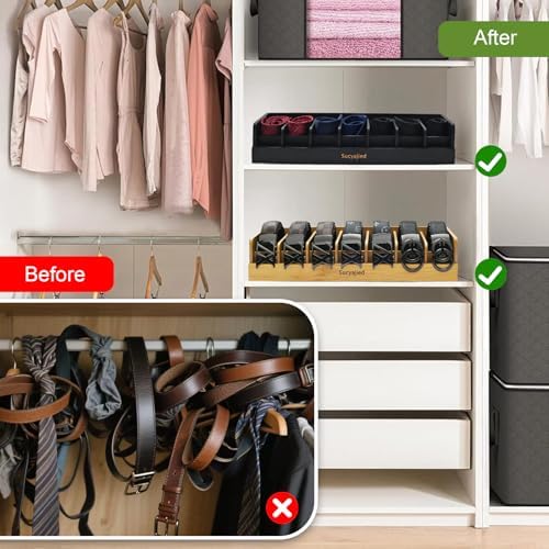 Belt Organizer, 7 Compartments Belt Organizer for Closet and Drawer, Bamboo Tie and Belt Storage Case, Belt Holder Box for Men/Women (Wooden, 7) - Image 6