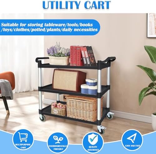 Utility Carts with Wheels, Rolling Kitchen Cart, 3 Tier Cart, Food Service Cart, Restaurant Kitchen Cart, Plastic Heavy Duty Cart for Office Business, 510lbs 16.9" D x 31.5" W x 37.8" H - Image 4