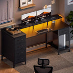 Korfile 55 Inch Gaming Desk with Power Outlets and LED Lights, Reversible Computer Desk with 5 Fabric Storage Drawers, Home Office Desk with Monitor Stand for Working Writing Study, Carbon Fiber Black - Image 4