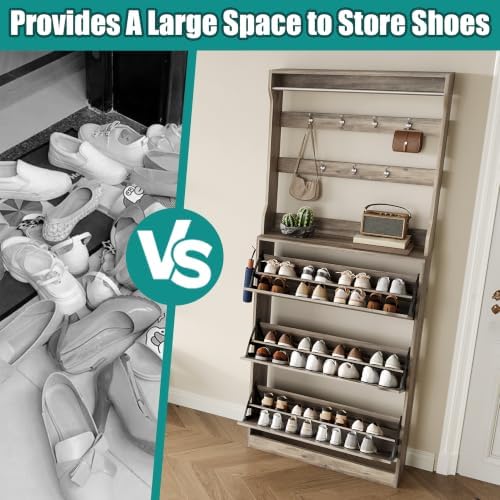 Shoe Cabinet for Entryway with 3 Flip Drawers, Grey Tall Wood Shoe Storage Cabinet with Coat Rack, Narrow Hidden Slim Freestanding Shoe Rack Organizer, 2 in 1 Hall Tree for Living Room, Hallway - Image 6