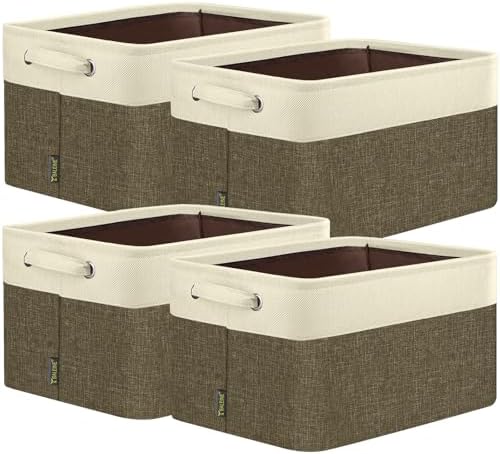 BALEINE 4 Pack Fabric Closet Storage Bins for Shelves, Linen Closet Organizers and Storage, Decorative Baskets for Organizing, Shelf, Clothes, Home, Office (Brown, 15"x11"x9.5") by BALEINE