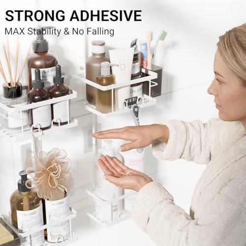 Adjustable Shower Caddy Hanging Rustproof Shower Caddy for Handheld Showerheads, Shower Organizer with Hooks Soap Holder, Anti-Swing Shower Rack Bathroom Accessories (White) - Image 4