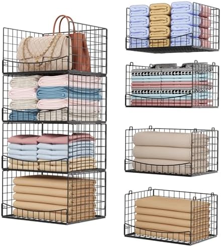 Hongtamoya 4-Tier Closet Organizers and Storage Basket with Divider, Foldable Closet Shelf Organizer System, Space-Saving Clothes Storage Drawer Organizer Bins for Wardrobe Cupboard, White by Hongtamoya