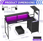SUPERLELE Gaming Desk with Power Outlet, LED Lights, Storage Shelf & Drawer - Image 3
