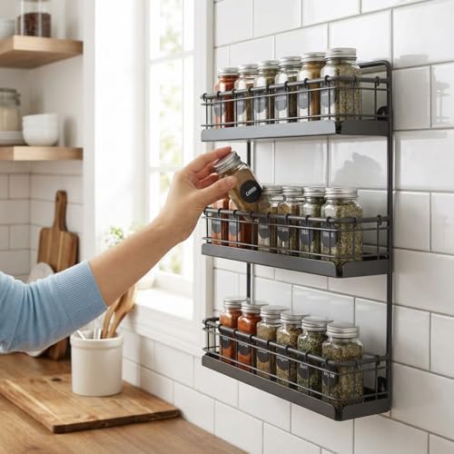 Spectrum 3 Tier Hanging Spice Rack for Wall Black Steel Kitchen Spice Organizer, Wall Mounted Metal Three Tier Metal Spice Organizer Rack for Kitchen Cabinet Pantry Organization - Image 4