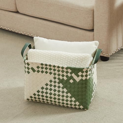 BROWNLILY Handwoven Clothes Basket Laundry Hampers Large Wicker Storage Baskets for Shelves Blankets Closet Storage Bins Car Bedroom Bathroom Organizers and Storage Bath (Pack of 4, Green&White) - Image 7
