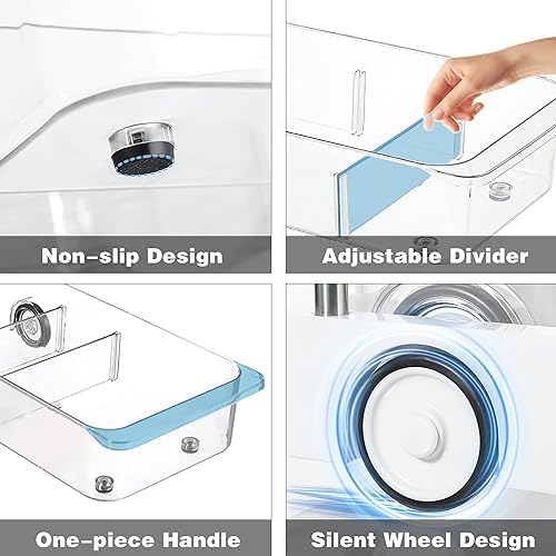 MANO 2 Pack Divided Rolling Refrigerator Tray Clear Roll Out Fridge Caddy Organizer with Wheels for Veggie Pantry Snackle Box Under Sink Bathroom Organizer and Storage Bins - Image 3