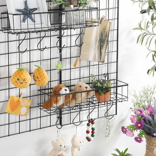 Black 4 Pack Grid Wall Hanging Baskets with 16 S Hooks, 15.8 x 3.9 x 3.2 Inch Metal Wire Wall Mount Storage Baskets for Grid Panels, Retail Display, Kitchen, Bathroom - Image 5