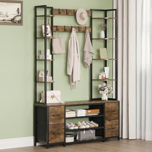 GiftGo Hall Tree with Bench and Shoe Storage 47.2" Entryway Coat Rack Freestanding with Seat 9 Adjustable Hooks 4-Tier Shelves 2 Drawers on Both Sides for Home Office Bedroom - Image 6