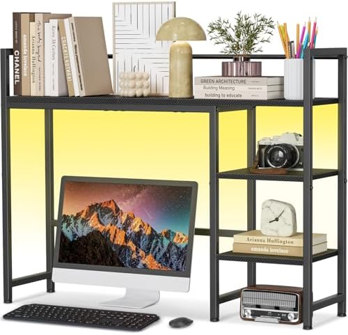 Snughome Desk Shelf with LED Strip, 38.6" Desktop Organizer Shelf, Desk Hutch for Computer Monitor, 4 Tier Desk Display Rack, Wood Desktop Bookshelf Storage Rack for Home Office Dorm by Snughome