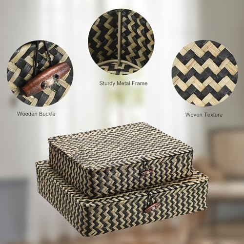 Hipiwe 2Pcs Flat Wicker Woven Basket with Lid Natural Seagrass Storage Box - Image 5