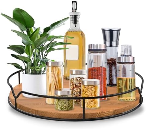 Lazy Susan Turntable Organizer for Cabinet Pantry Kitchen Countertop Refrigerator Cupboard, Pine Wood (Carbonized Black, 14“) - Image 2