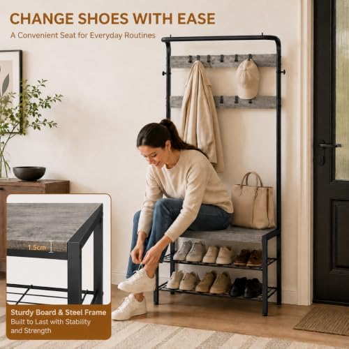 Simple Deluxe 4-in-1 Hall Tree with Bench and Shoe Storage, Entryway Coat Rack with 10 Hooks, Freestanding Mudroom Organizer with 2-Tier Shoe Rack for Entryway Bedroom Foyer, Grey - Image 5