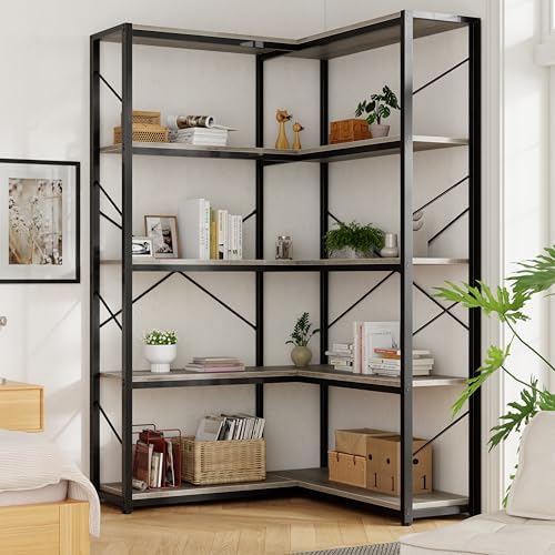 Shintenchi 5 Tier Corner Bookshelf, L Shaped Large Bookcase, Grey by Shintenchi%7CFurnitureMadeforRealLife
