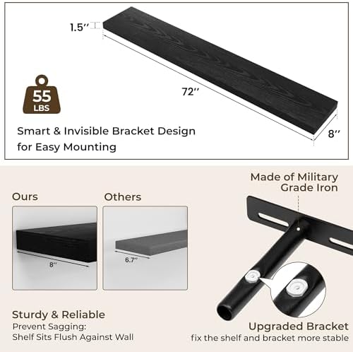 RICHFOCUS 72Inch Floating Shelves for Wall 1Pack, Black, 8" Deep - Image 3