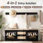Rattan Narrow Entryway Bench with Shoe Storage, 4 Drawers & Coat Rack, Mid-Century Modern Wood Shoe Cabinet with Seat Cushion for Foyer/Hallway (Black) - Image 5