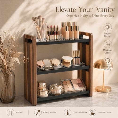 Narrow Solid Wood Bathroom Counter Organizer, Space-Saving Bathroom Storage Rack for Vanity, Multi-Purpose Kitchen Spice Rack & Bedroom Makeup Organizer (Acacia 3 Tier, 1 Pack) - Image 3