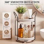 Qunclay 360 Rotating 2 Tier Wooden Tray Organizer Rustic Farmhouse Vanity Storage Large Capacity Round Organizer with Iron Frame for Cosmetics Perfume Skincare Kitchen Counter Bathroom Coffee Station - Image 3
