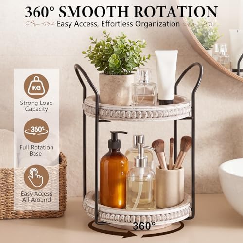 Qunclay 360 Rotating 2 Tier Wooden Tray Organizer Rustic Farmhouse Vanity Storage Large Capacity Round Organizer with Iron Frame for Cosmetics Perfume Skincare Kitchen Counter Bathroom Coffee Station - Image 3