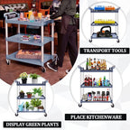 Plastic Utility Carts with Wheels, 3-Tier Medium Size Restaurant Food Cart, Heavy Duty 510lbs Capacity Rolling Service Cart w/Hammer for Commercial, Kitchen, Office (Lockable Wheels, M-Grey) - Image 3