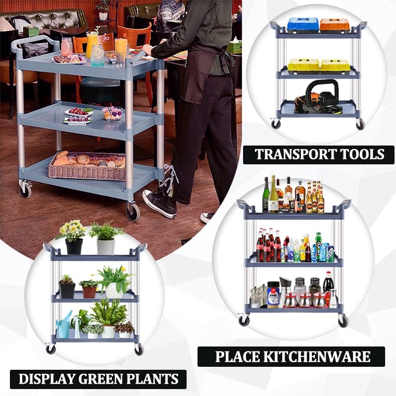 Plastic Utility Carts with Wheels, 3-Tier Medium Size Restaurant Food Cart, Heavy Duty 510lbs Capacity Rolling Service Cart w/Hammer for Commercial, Kitchen, Office (Lockable Wheels, M-Grey) - Image 3